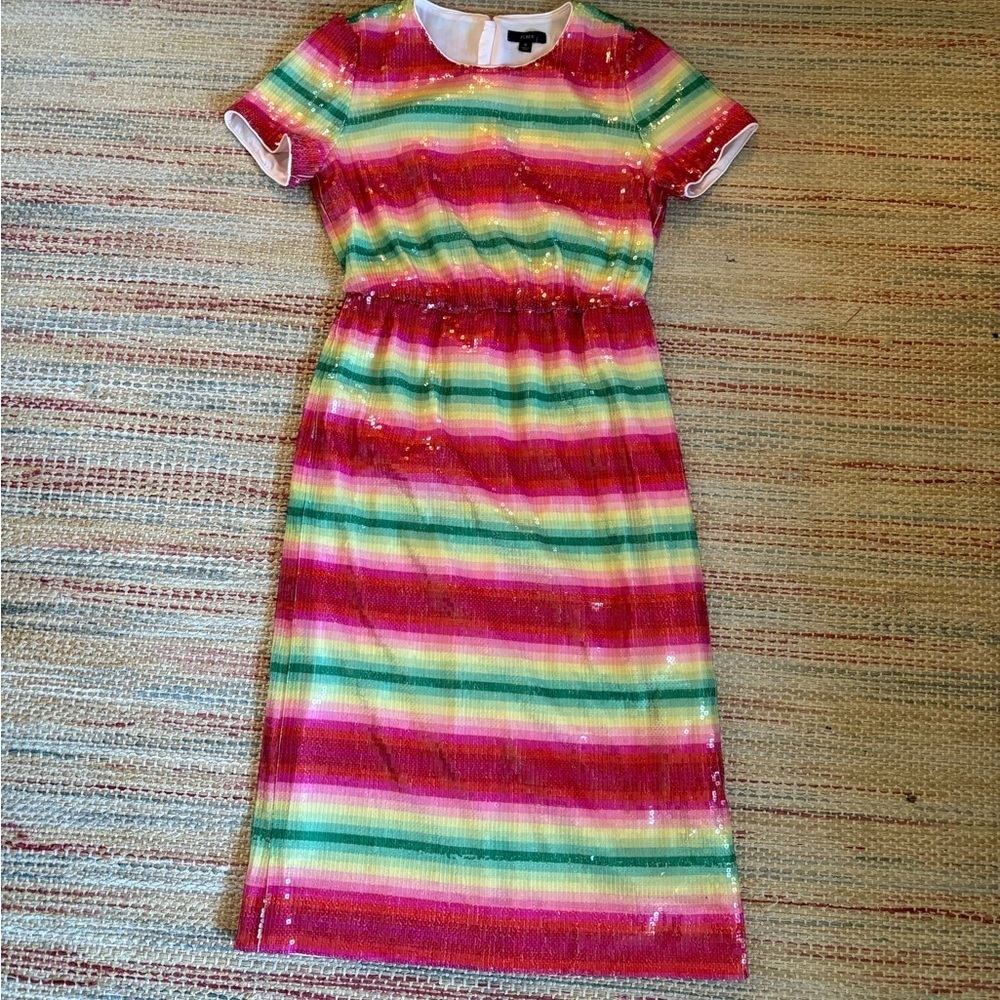 NWT J.CREW Watermelon colored striped sequin midi dress